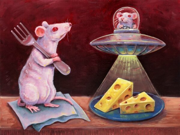 "UFO Mouse Visits Friend" original oil painting on canvas panel by Matt Godwin 12"x9"