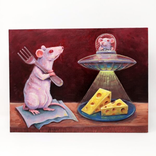 "UFO Mouse Visits Friend" original oil painting on canvas panel by Matt Godwin 12"x9"