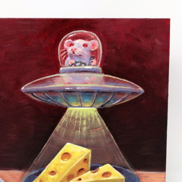 "UFO Mouse Visits Friend" original oil painting on canvas panel by Matt Godwin 12"x9"