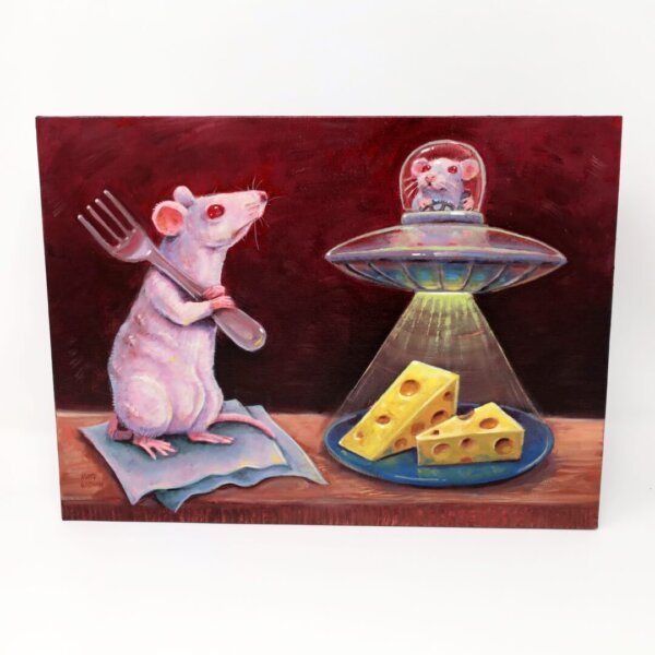 "UFO Mouse Visits Friend" original oil painting on canvas panel by Matt Godwin 12"x9"