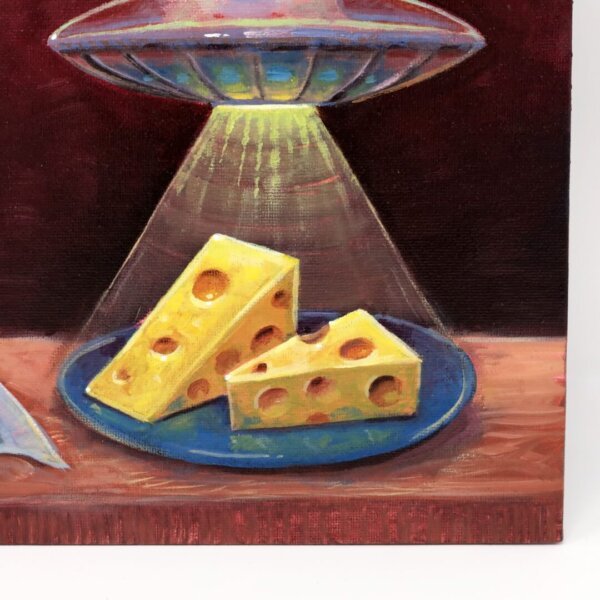 "UFO Mouse Visits Friend" original oil painting on canvas panel by Matt Godwin 12"x9"