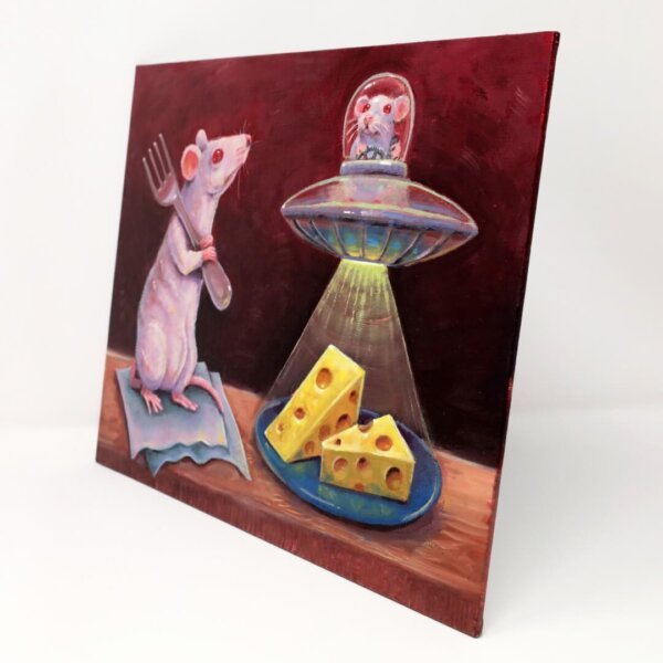 "UFO Mouse Visits Friend" original oil painting on canvas panel by Matt Godwin 12"x9"
