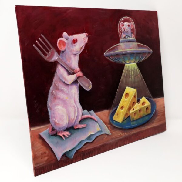 "UFO Mouse Visits Friend" original oil painting on canvas panel by Matt Godwin 12"x9"