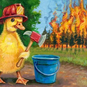 "Duckling Firefighter" original acrylic painting on wood by Matt Godwin 7"x5"