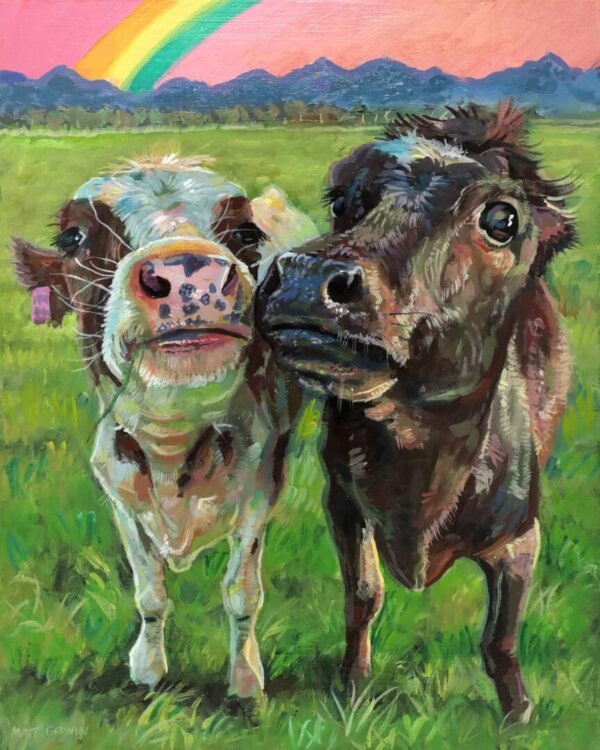 "Erna's Cows" original acrylic painting on wood by Matt Godwin 8"x10"