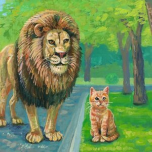 "Ginger Tabby With Lion Friend" original acrylic painting on wood by Matt Godwin 7"x5"