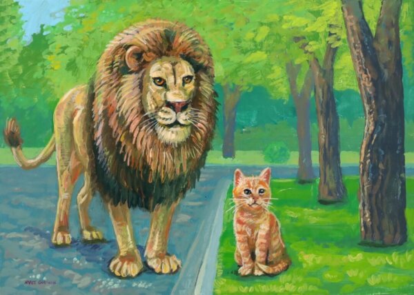 "Ginger Tabby With Lion Friend" original acrylic painting on wood by Matt Godwin 7"x5"