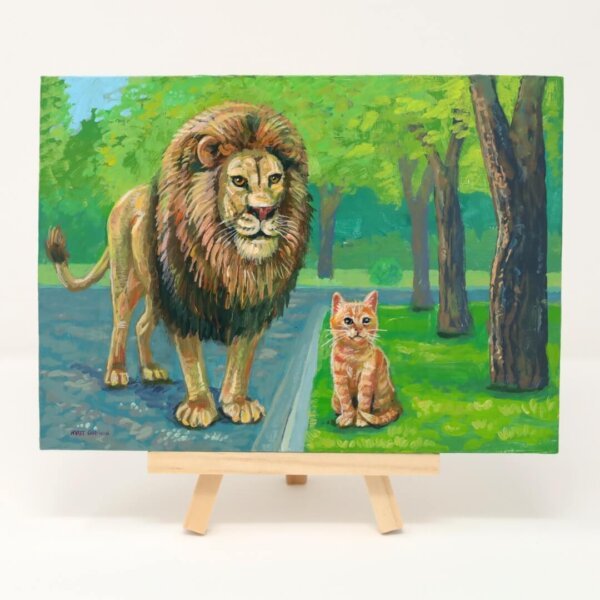 "Ginger Tabby With Lion Friend" original acrylic painting on wood by Matt Godwin 7"x5"