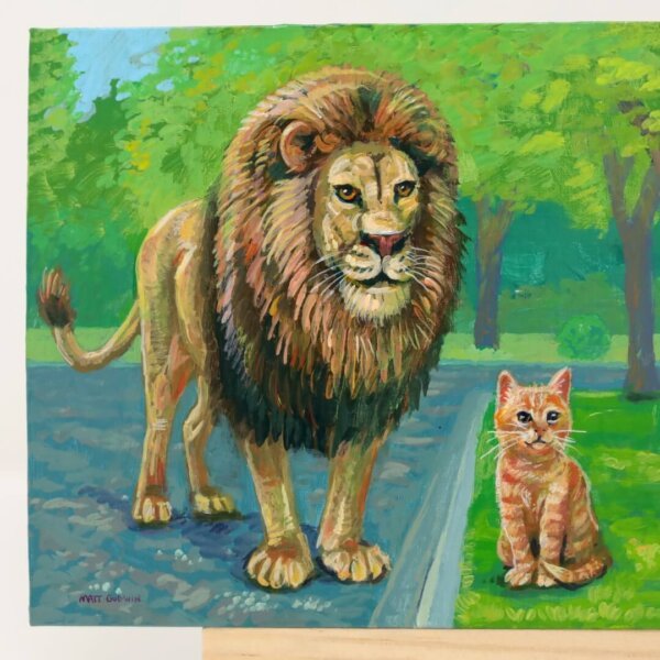 "Ginger Tabby With Lion Friend" original acrylic painting on wood by Matt Godwin 7"x5"