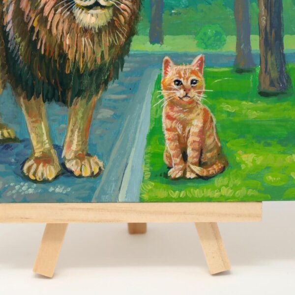 "Ginger Tabby With Lion Friend" original acrylic painting on wood by Matt Godwin 7"x5"