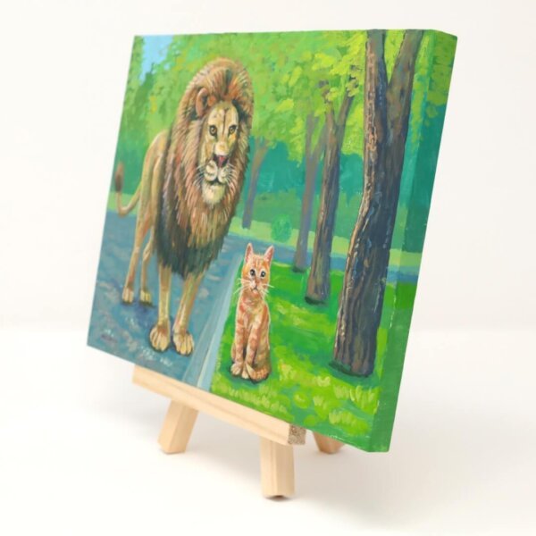 "Ginger Tabby With Lion Friend" original acrylic painting on wood by Matt Godwin 7"x5"