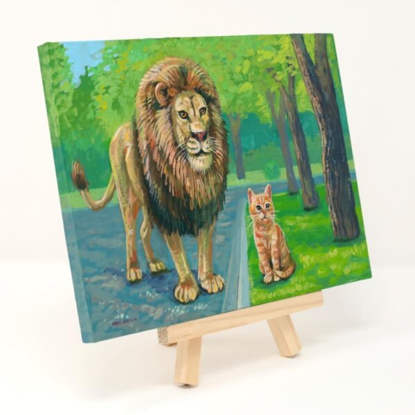 "Ginger Tabby With Lion Friend" original acrylic painting on wood by Matt Godwin 7"x5"