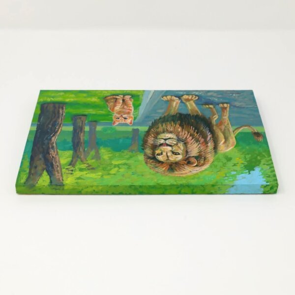 "Ginger Tabby With Lion Friend" original acrylic painting on wood by Matt Godwin 7"x5"