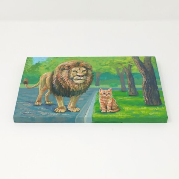 "Ginger Tabby With Lion Friend" original acrylic painting on wood by Matt Godwin 7"x5"