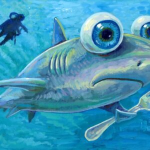 "Hungry Shark" original acrylic painting on wood by Matt Godwin 7"x5"