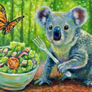 "Koala Has A Light Lunch" original acrylic painting on wood by Matt Godwin 7"x5"