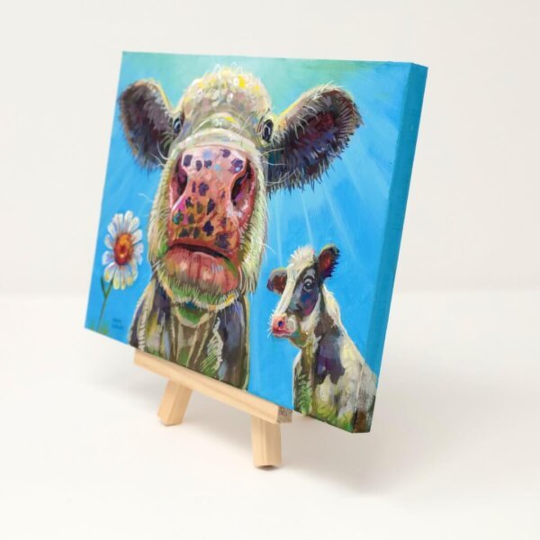 "Looking Up At A Couple Of Cows" original acrylic painting on wood by Matt Godwin 7"x5"