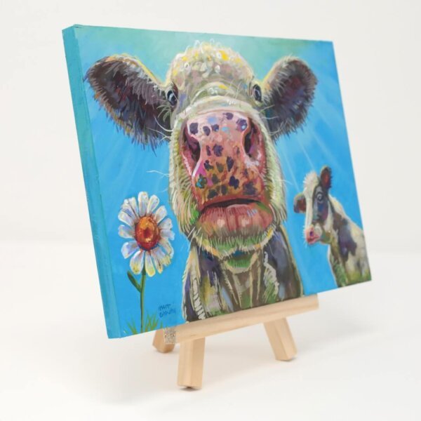 "Looking Up At A Couple Of Cows" original acrylic painting on wood by Matt Godwin 7"x5"