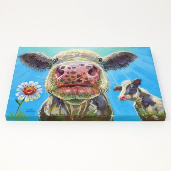 "Looking Up At A Couple Of Cows" original acrylic painting on wood by Matt Godwin 7"x5"