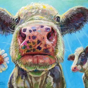 "Looking Up At A Couple Of Cows" original acrylic painting on wood by Matt Godwin 7"x5"