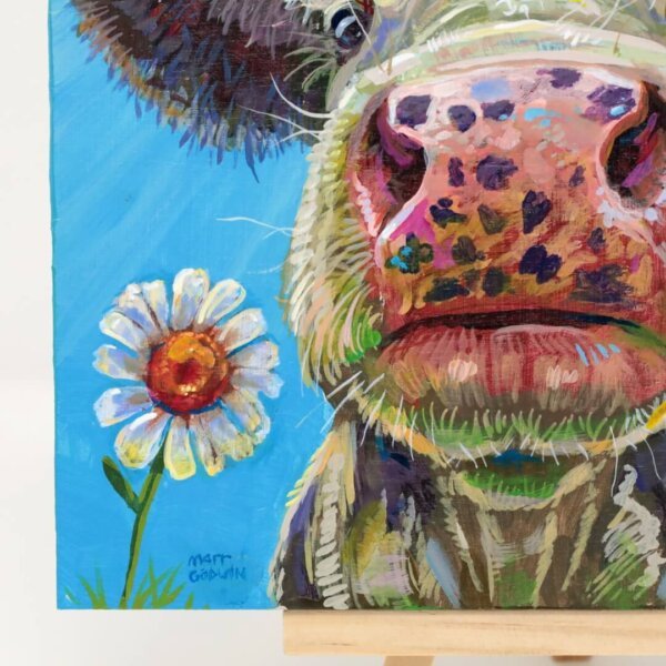 "Looking Up At A Couple Of Cows" original acrylic painting on wood by Matt Godwin 7"x5"