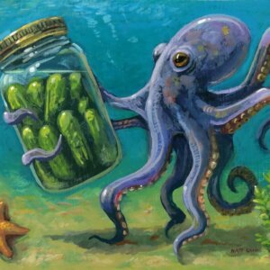 "Octopus Finds Jar Of Pickles" original acrylic painting on wood by Matt Godwin 7"x5"