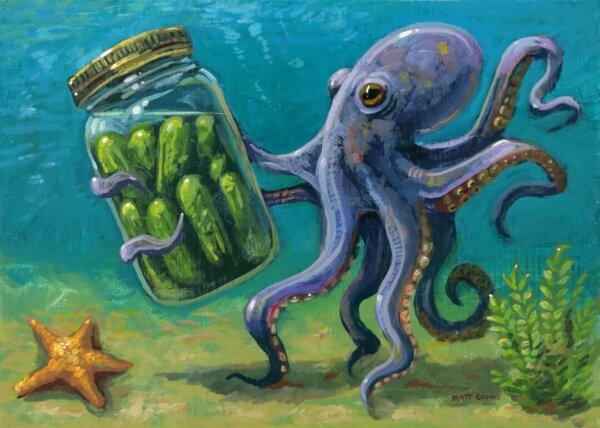"Octopus Finds Jar Of Pickles" original acrylic painting on wood by Matt Godwin 7"x5"