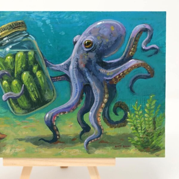 "Octopus Finds Jar Of Pickles" original acrylic painting on wood by Matt Godwin 7"x5"