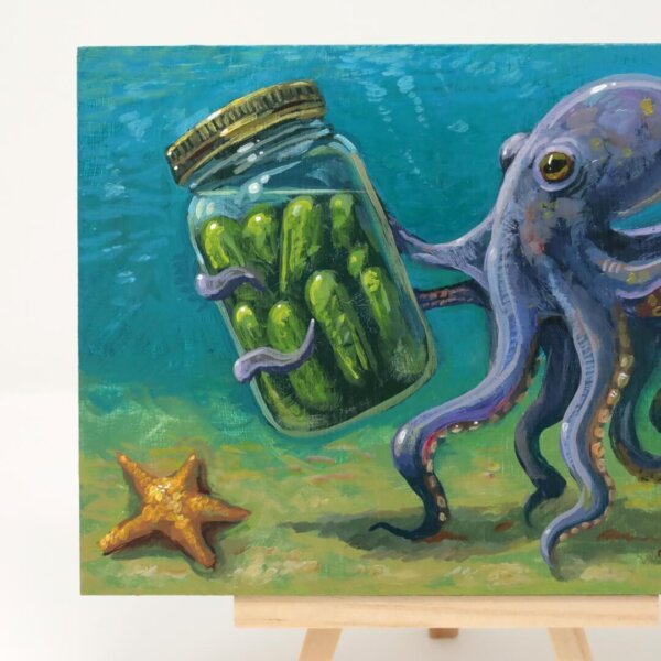 "Octopus Finds Jar Of Pickles" original acrylic painting on wood by Matt Godwin 7"x5"