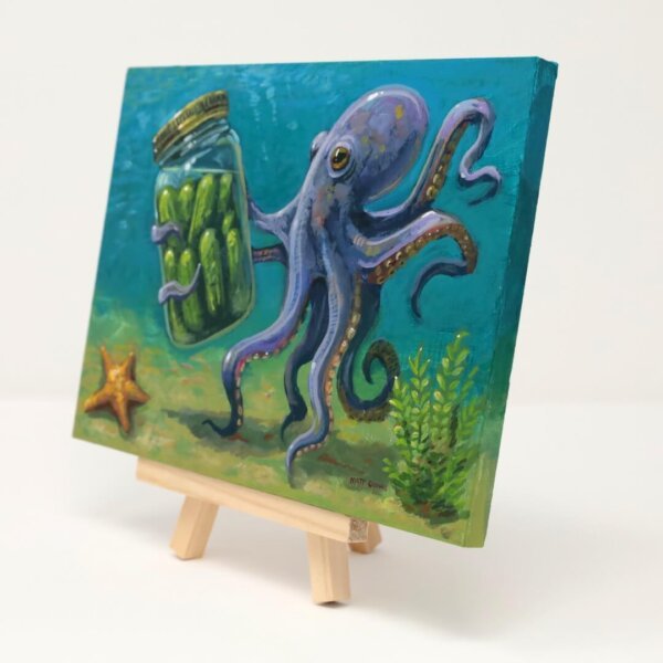 "Octopus Finds Jar Of Pickles" original acrylic painting on wood by Matt Godwin 7"x5"