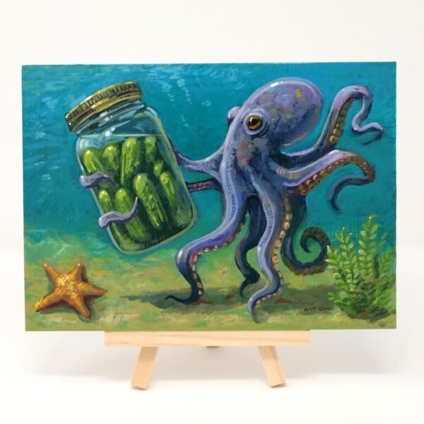 "Octopus Finds Jar Of Pickles" original acrylic painting on wood by Matt Godwin 7"x5"