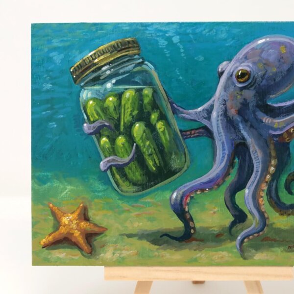 "Octopus Finds Jar Of Pickles" original acrylic painting on wood by Matt Godwin 7"x5"