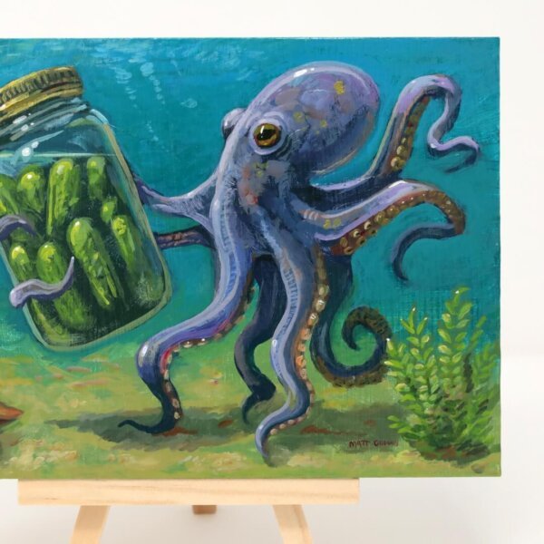 "Octopus Finds Jar Of Pickles" original acrylic painting on wood by Matt Godwin 7"x5"