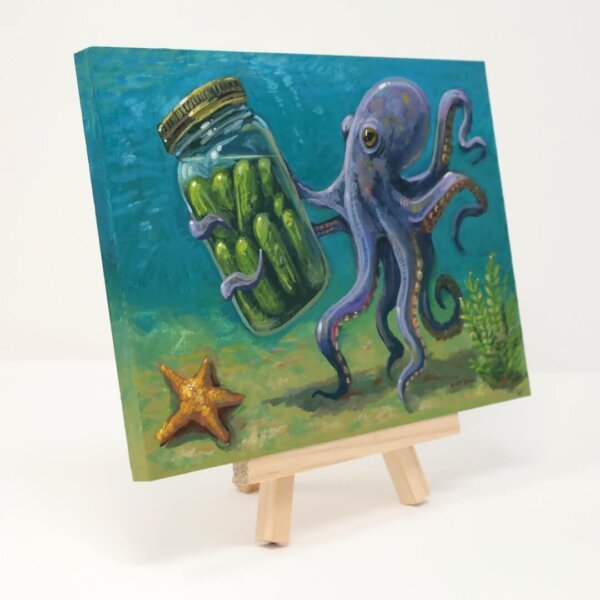 "Octopus Finds Jar Of Pickles" original acrylic painting on wood by Matt Godwin 7"x5"