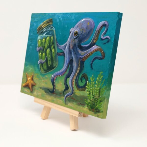 "Octopus Finds Jar Of Pickles" original acrylic painting on wood by Matt Godwin 7"x5"