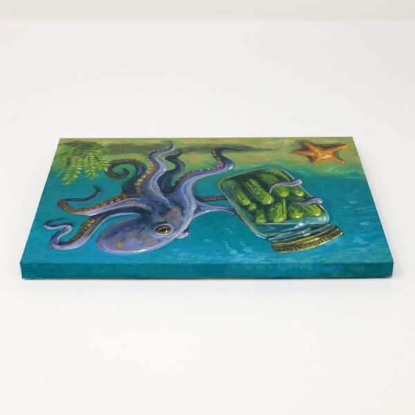 "Octopus Finds Jar Of Pickles" original acrylic painting on wood by Matt Godwin 7"x5"