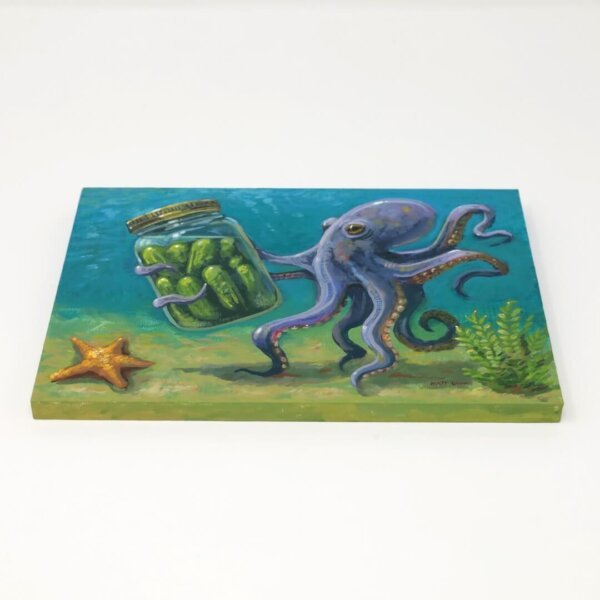"Octopus Finds Jar Of Pickles" original acrylic painting on wood by Matt Godwin 7"x5"