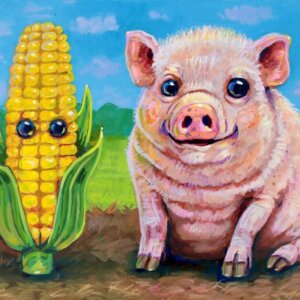 "Pig With Corn Friend" original acrylic painting on wood by Matt Godwin 7"x5"