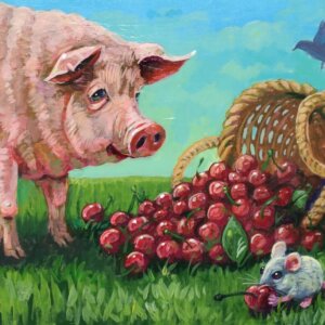 "Pigging Out On Cherries" original acrylic painting on wood by Matt Godwin 7"x5"
