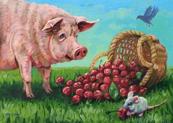 "Pigging Out On Cherries" original acrylic painting on wood by Matt Godwin 7"x5"