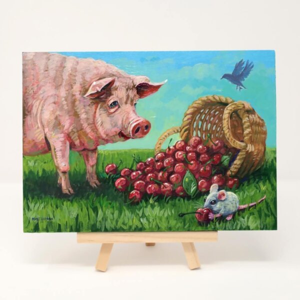 "Pigging Out On Cherries" original acrylic painting on wood by Matt Godwin 7"x5"