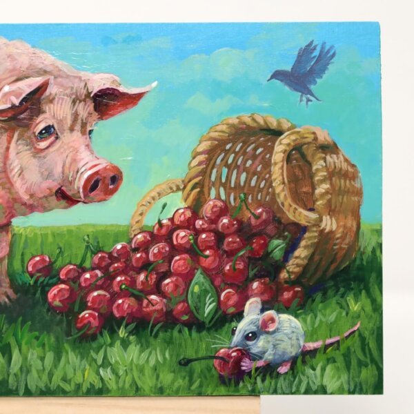"Pigging Out On Cherries" original acrylic painting on wood by Matt Godwin 7"x5"