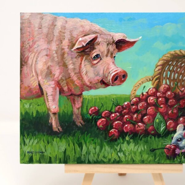 "Pigging Out On Cherries" original acrylic painting on wood by Matt Godwin 7"x5"