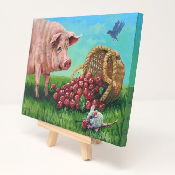 "Pigging Out On Cherries" original acrylic painting on wood by Matt Godwin 7"x5"