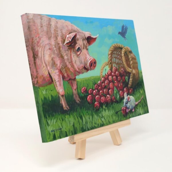 "Pigging Out On Cherries" original acrylic painting on wood by Matt Godwin 7"x5"