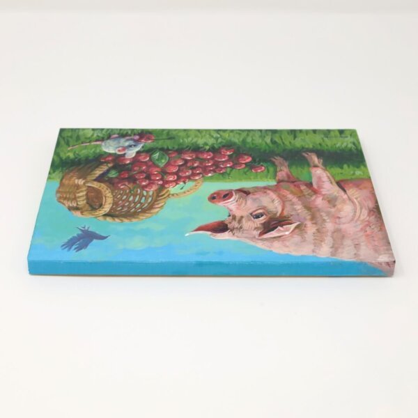 "Pigging Out On Cherries" original acrylic painting on wood by Matt Godwin 7"x5"
