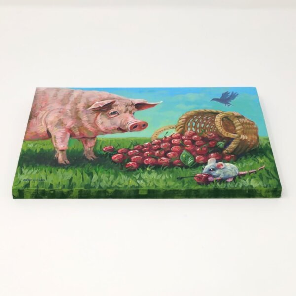 "Pigging Out On Cherries" original acrylic painting on wood by Matt Godwin 7"x5"