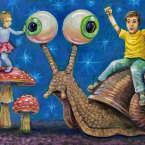 "Quality Time With Uncle Snail" original acrylic painting on wood by Matt Godwin 7"x5"