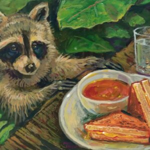 "Raccoon Approaches Grilled Cheese" original acrylic painting on wood by Matt Godwin 7"x5"