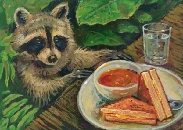 "Raccoon Approaches Grilled Cheese" original acrylic painting on wood by Matt Godwin 7"x5"